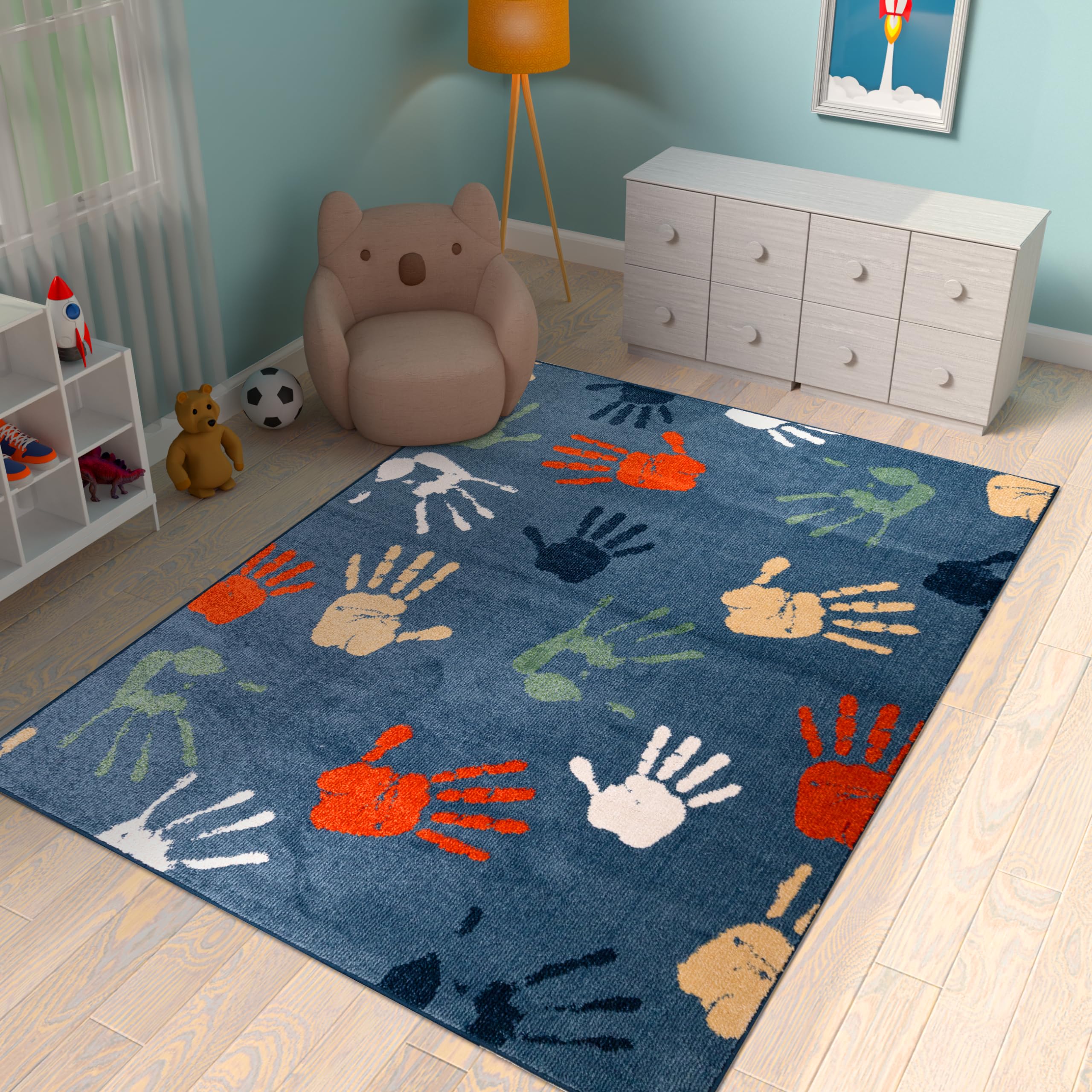 Orian Rugs Playroom Handprints Rug - Blue 4 x 6 Abstract Indoor Kids Area Rug