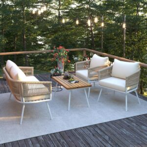 4-Piece Rope Patio Furniture Set, Outdoor Sofa with Acacia Wood Coffee Table, Patio Conversation Set with Deep Seating & Thick Cushion for Backyard Porch Balcony, Beige