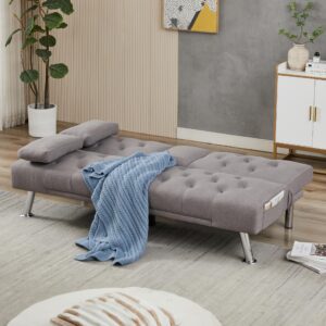 OUUI Futon Sofa Bed Modern Couches for Living Room Convertible Recliner Sleeper Sofa Loveseat with 2 Cup Holders, Removable Armrests (Light Gray)