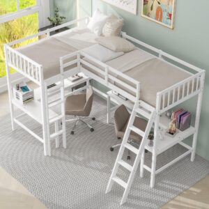 dreloft twin size l-shaped double loft beds with 2 built-in desks and ladder, wood double high loft bed frame with safety guardrails for kids, teens, boys and girls, 2 beds in 1 designed, white