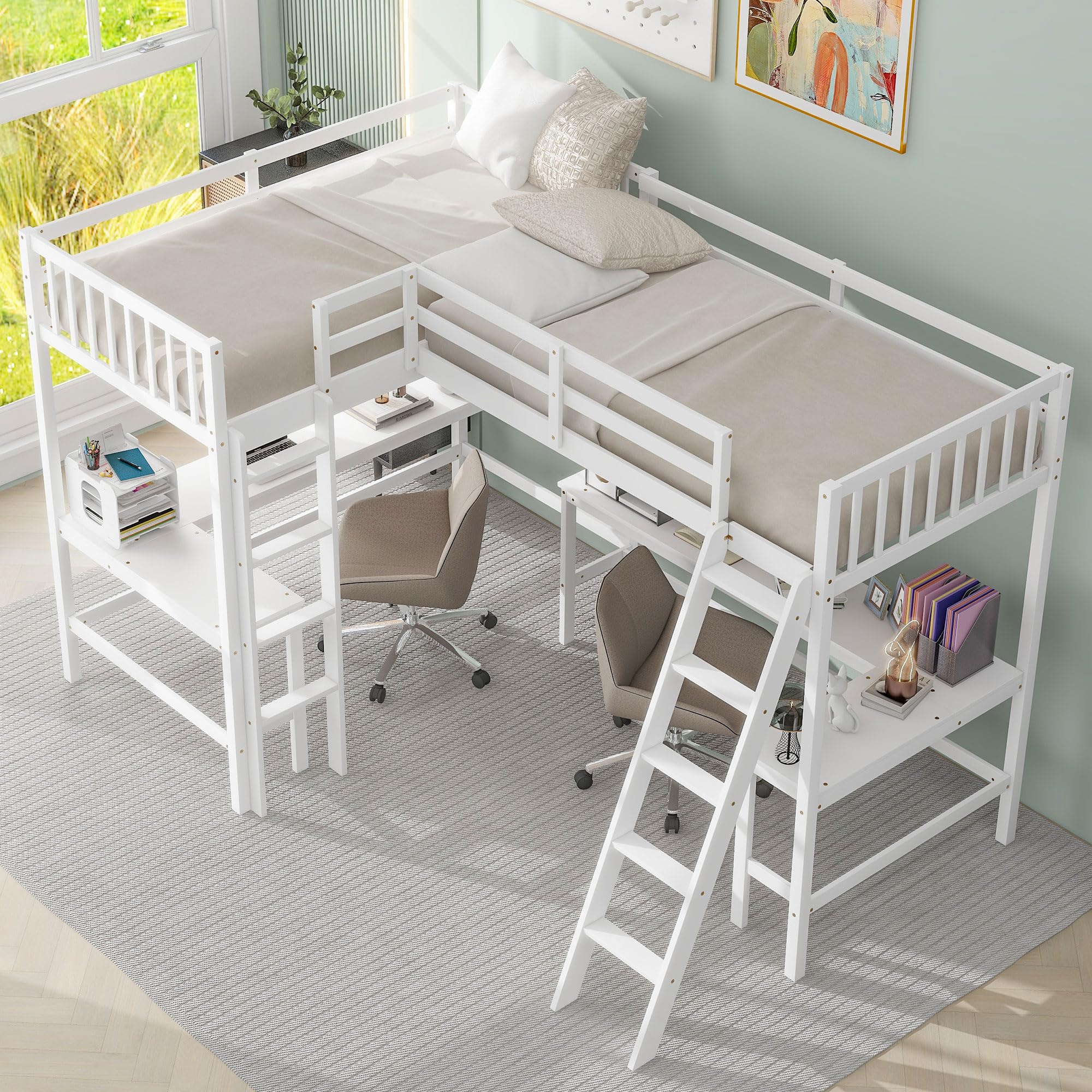 DRELOFT Twin Size L-Shaped Double Loft Beds with 2 Built-in Desks and Ladder, Wood Double High Loft Bed Frame with Safety Guardrails for Kids, Teens, Boys and Girls, 2 Beds in 1 Designed, White