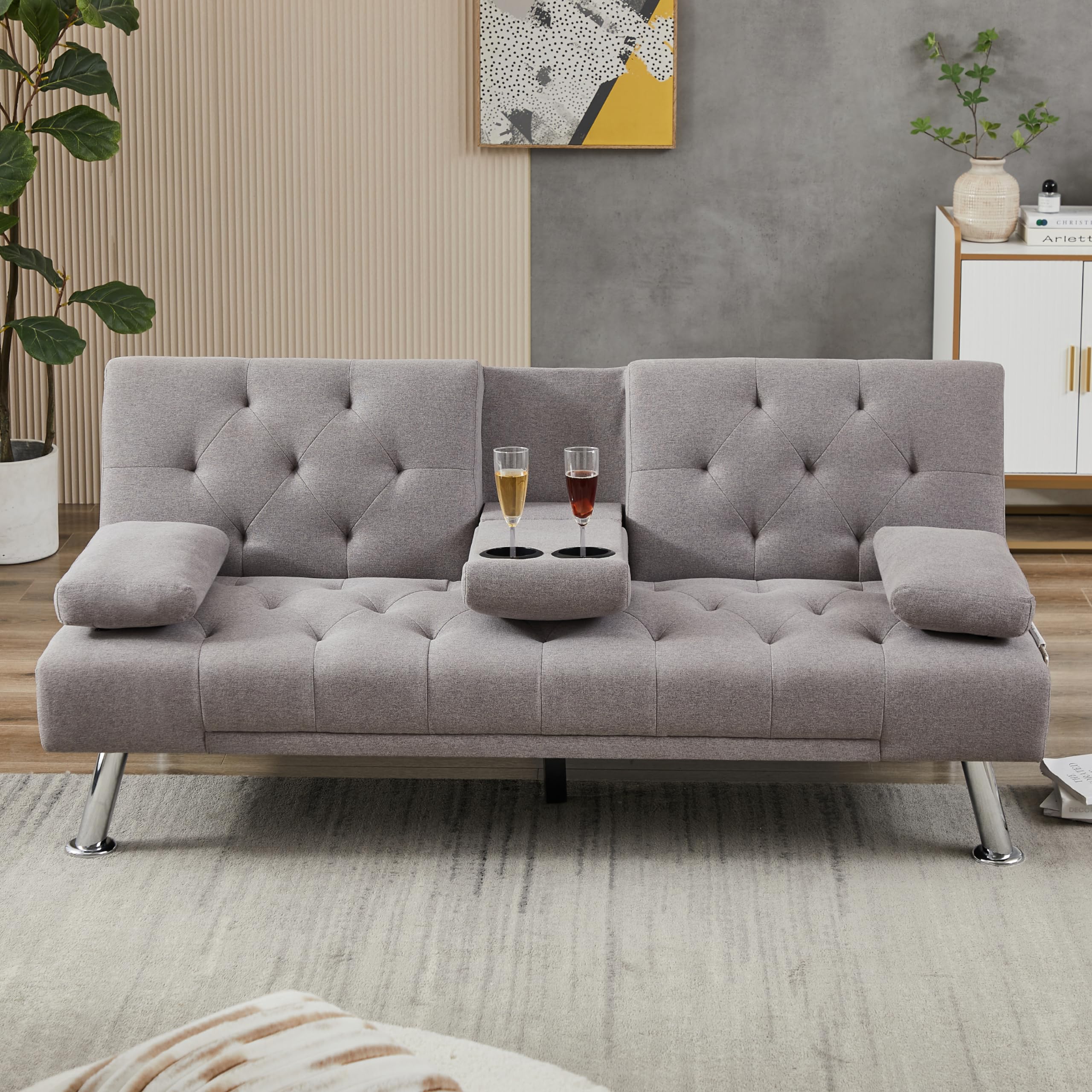 OUUI Futon Sofa Bed Modern Couches for Living Room Convertible Recliner Sleeper Sofa Loveseat with 2 Cup Holders, Removable Armrests (Light Gray)