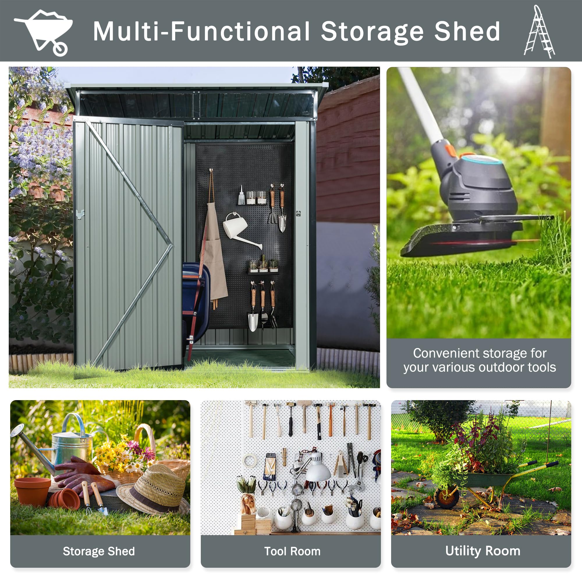 5 x 3ft Outdoor Metal Storage Shed with Lockable Door Aluminum Frames Easy Assembly Outdoor Storing Tools for Bike Trash Can Machine Black