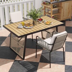 yitahome 3 piece patio dining set outdoor furniture stackable all-weather comfortable rope and rattan chairs & rectangular table for courtyard backyard poolside balcony, nature wood & grey