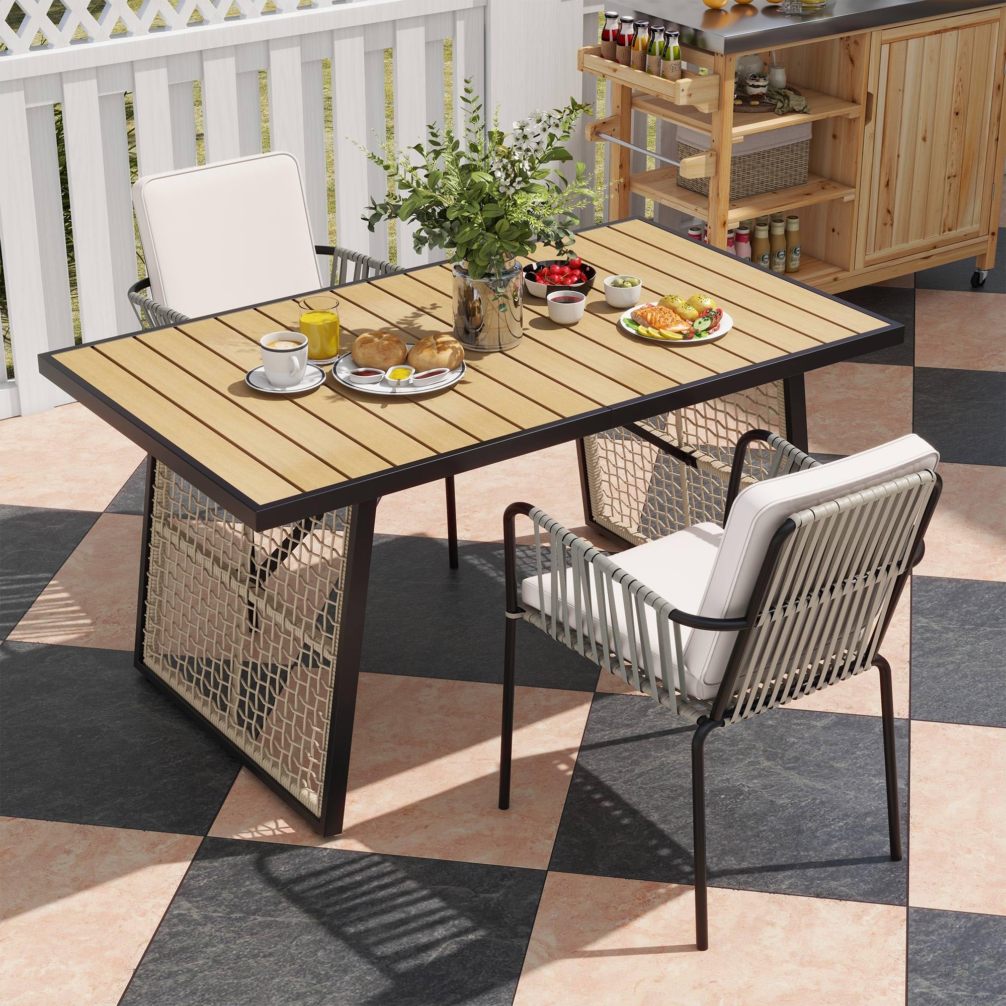 YITAHOME 3 Piece Patio Dining Set Outdoor Furniture Stackable All-Weather Comfortable Rope and Rattan Chairs & Rectangular Table for Courtyard Backyard Poolside Balcony, Nature Wood & Grey