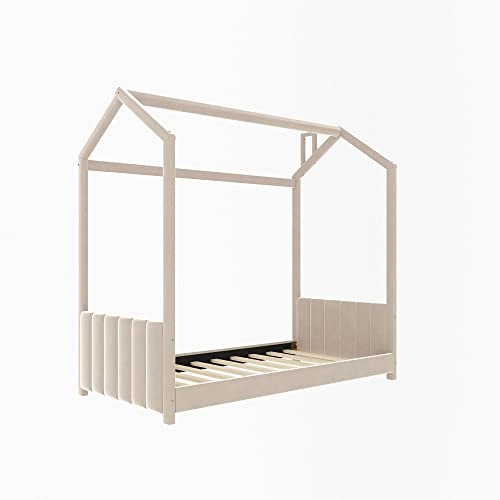 DEYOBED Twin Size Velvet House Bed, Wooden Floor Bed with Upholstered Headboard and Footboard w/Strips, Wood Bed with Roof for Kids, Boys and Girls, Beige