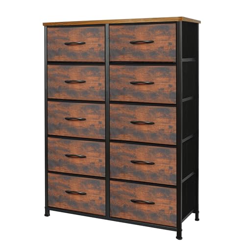 AZL1 Life Concept Dresser for Bedroom with 10 Fabric Drawers, Tall Organizer Units for Closet, Storage Tower with Cabinet, Furniture, Rustic Brown