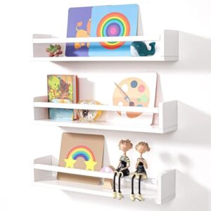 AZSKY Nursery Bookshelves White, 24 Inch Floating Bookshelves for Wall Set of 3, Baby Kids Decor, Solid Wood Wall Mounted Shelves for Books, Toys and Decor Storage