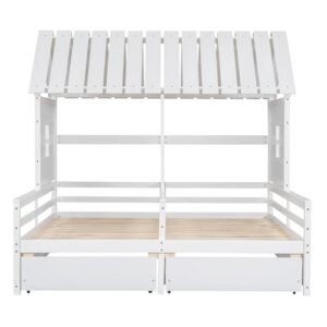 DEYOBED Wooden Double Shared Bed, Twin Size House Bed with 2 Storage Drawers Roof Design, House Platform Bed for Kids, Boys and Girls, Combination of 2 Side by Side Twin Size Beds, White