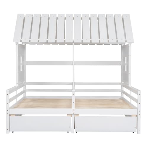 DEYOBED Wooden Double Shared Bed, Twin Size House Bed with 2 Storage Drawers Roof Design, House Platform Bed for Kids, Boys and Girls, Combination of 2 Side by Side Twin Size Beds, White