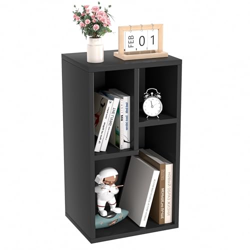 VECELO Small Bookshelf, 3 Cube Shelf, Fits Tallest Hardcovers, Horizontal Available, Modern Storage Organzier for Small Spaces, Matte Black