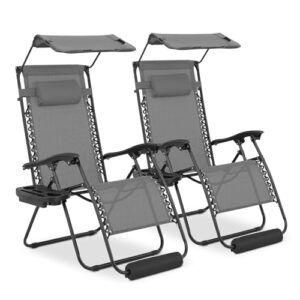 monibloom zero gravity chairs set of 2, patio anti gravity recliner with canopy shade, foldable outdoor lounger with cup holder tray, headrest and footrest for beach camping, grey