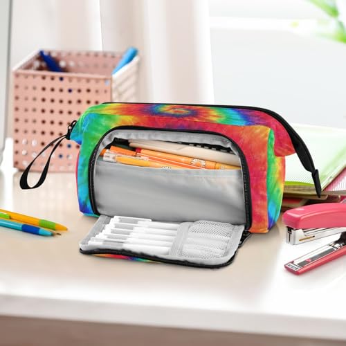 DEHOZO Portable Pencil Case Pen Bag with Zipper, Rainbow Art Tie Dye Large Pencil Pouch Pen Case Stationery Bag for Office School Student, Multifunctional Pen Box for Girl Boy Men Women