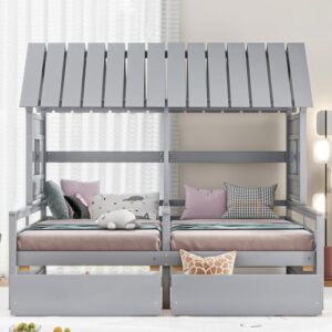 DEYOBED Wooden Double Shared Bed, Twin Size House Bed with 2 Storage Drawers Roof Design, House Platform Bed for Kids, Boys and Girls, Combination of 2 Side by Side Twin Size Beds, Gray