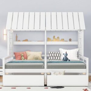 DEYOBED Wooden Double Shared Bed, Twin Size House Bed with 2 Storage Drawers Roof Design, House Platform Bed for Kids, Boys and Girls, Combination of 2 Side by Side Twin Size Beds, White