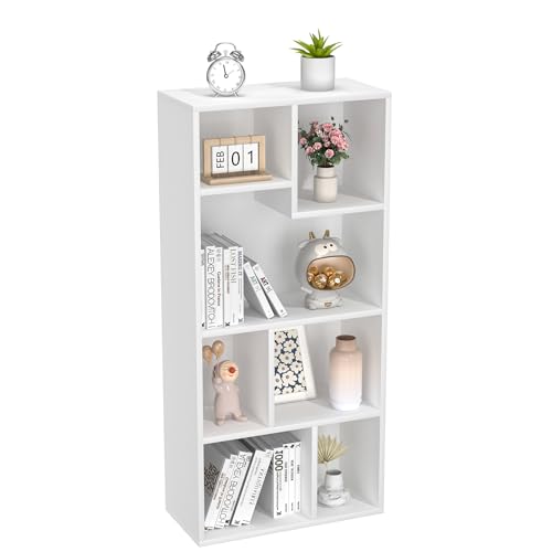 VECELO 42" Modern White Bookshelf, 7 Cube Organizer Bookcase,Fits Tallest Hardcovers, Horizontal Available,Floor Standing Display,Easy Assembly, Pearl White