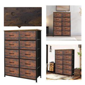 AZL1 Life Concept Dresser for Bedroom with 10 Fabric Drawers, Tall Organizer Units for Closet, Storage Tower with Cabinet, Furniture, Rustic Brown