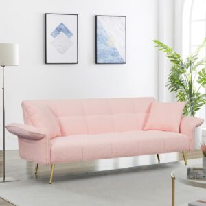 AZSJML Futon Sofa Bed, Teddy Sleeper Sofa Couch, 70" W Modern Tufted Sofa Couch with Adjustable Arms and Backrests for Living Room,Small Spaces,Bedroom,Pink