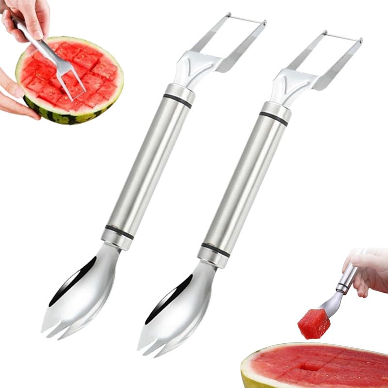 2-in-1 Stainless Steel Fruit Cutter, 2024 New Watermelon Fork Slicer Cutter Slicer Tool, Dual Head Fruit Forks Slicer Watermelon Cutter Tool, Summer Fruit Cutting Fork for Home Kitchen Gadget(2pcs)