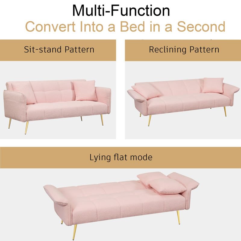 AZSJML Futon Sofa Bed, Teddy Sleeper Sofa Couch, 70" W Modern Tufted Sofa Couch with Adjustable Arms and Backrests for Living Room,Small Spaces,Bedroom,Pink