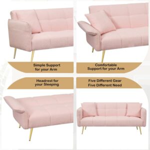 AZSJML Futon Sofa Bed, Teddy Sleeper Sofa Couch, 70" W Modern Tufted Sofa Couch with Adjustable Arms and Backrests for Living Room,Small Spaces,Bedroom,Pink