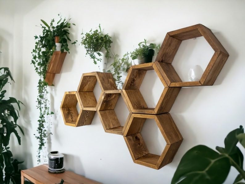 MUOSI Hexagon Shelves, Plant Shelves, Wide Hexagons Shelves, Honeycomb Shelves, Wall Decor （ Provincial I*Set of 6 Hexagons ）