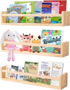 azsky nursery book shelves 24 inch rustic natural wood floating shelves,wall book shelves for farmhouse,bathroom décor,kitchen spice rack or book shelf organizer for home décor,a set of 3 same sizes