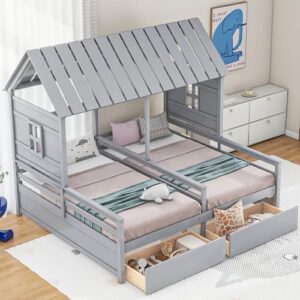 deyobed wooden double shared bed, twin size house bed with 2 storage drawers roof design, house platform bed for kids, boys and girls, combination of 2 side by side twin size beds, gray