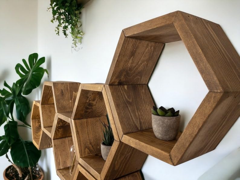 MUOSI Hexagon Shelves, Plant Shelves, Wide Hexagons Shelves, Honeycomb Shelves, Wall Decor （ Provincial I*Set of 6 Hexagons ）