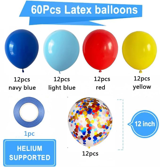 60pcs Carnival Circus Balloon 12 Inches Red Yellow and Blue Balloons with Rainbow Confetti Balloons for Birthday Party Carnival Theme Decorations