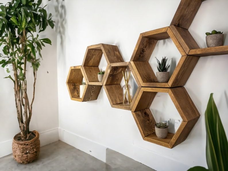 MUOSI Hexagon Shelves, Plant Shelves, Wide Hexagons Shelves, Honeycomb Shelves, Wall Decor （ Provincial I*Set of 6 Hexagons ）