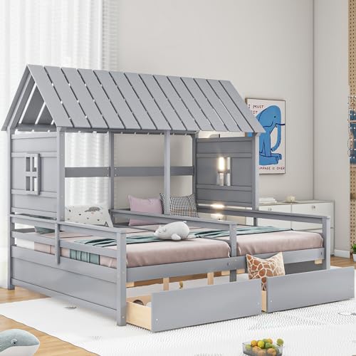 DEYOBED Wooden Double Shared Bed, Twin Size House Bed with 2 Storage Drawers Roof Design, House Platform Bed for Kids, Boys and Girls, Combination of 2 Side by Side Twin Size Beds, Gray