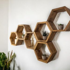 MUOSI Hexagon Shelves, Plant Shelves, Wide Hexagons Shelves, Honeycomb Shelves, Wall Decor （ Provincial I*Set of 6 Hexagons ）