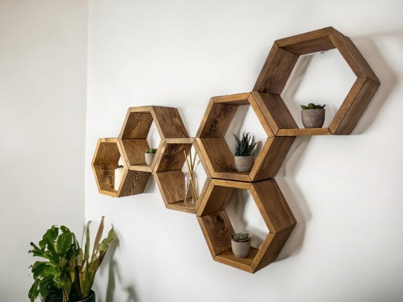 MUOSI Hexagon Shelves, Plant Shelves, Wide Hexagons Shelves, Honeycomb Shelves, Wall Decor （ Provincial I*Set of 6 Hexagons ）