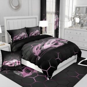 Feelyou Race Car Twin Comforter Set with Sheets for Kids Boys Girls Honeycomb Speed Sports Car Bed in a Bag Pink Extreme Sports Bedding Set 7 Piece Bedroom Decor Geometry Hexagon Theme Bed Set