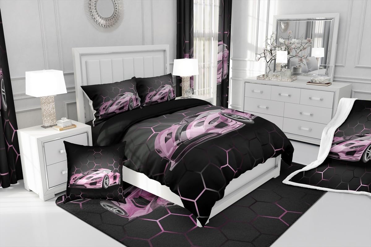 Feelyou Race Car Twin Comforter Set with Sheets for Kids Boys Girls Honeycomb Speed Sports Car Bed in a Bag Pink Extreme Sports Bedding Set 7 Piece Bedroom Decor Geometry Hexagon Theme Bed Set