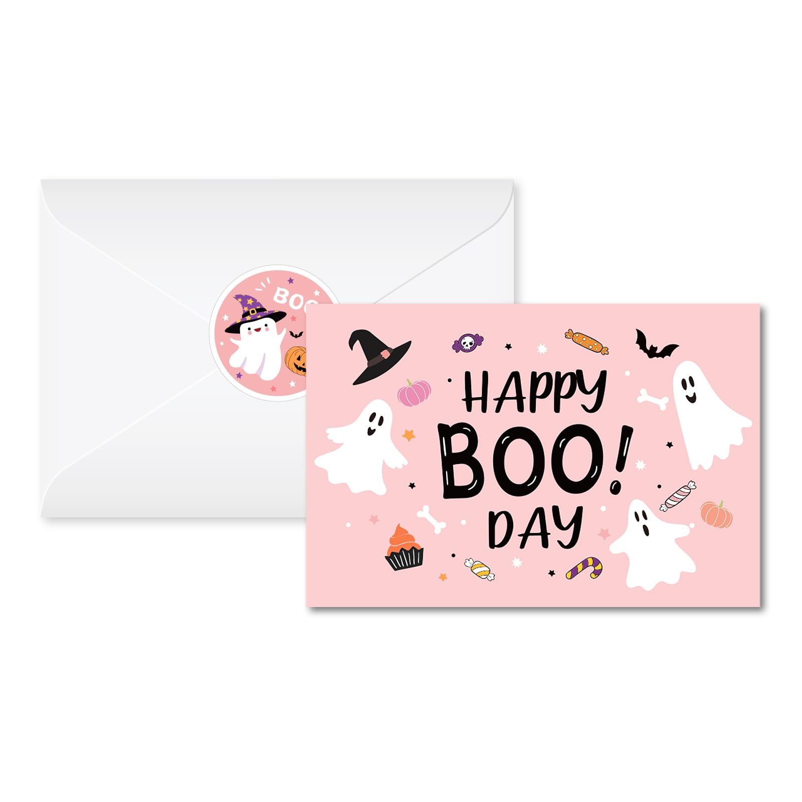 Kavoc 36Pcs Halloween Ghost Thank You Cards with Envelopes Pink Boo Ghost Pumpkin Pattern Greeting Cards for Baby Shower Halloween Party Invitation Supplies