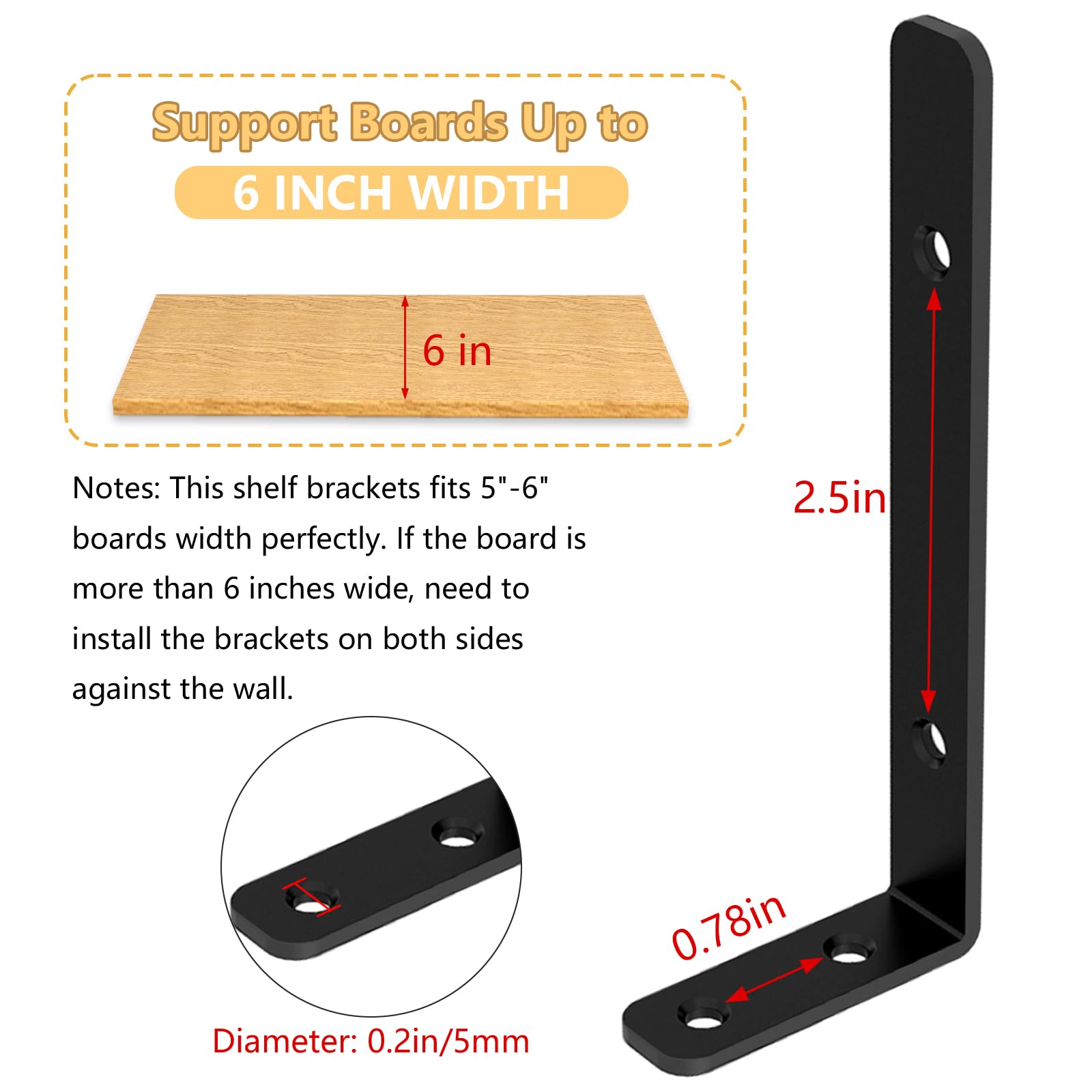 LSK 6PCS L Bracket, Heavy Duty Metal Corner Bracket, 5"×2"(125×50mm) Shelf Support Bracket Max Load : 42lb, Joint Angle Bracket for Wooden Board, Black