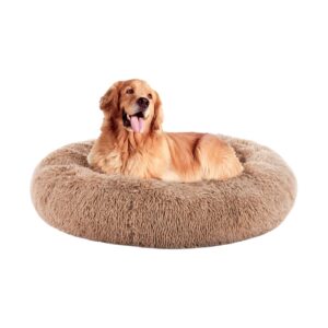 sweetcrispy calming dog bed for large dogs, washable large pet bed, 36 inch anti-slip round fluffy plush faux fur dog bed, fits up to 90 lbs pets, brown