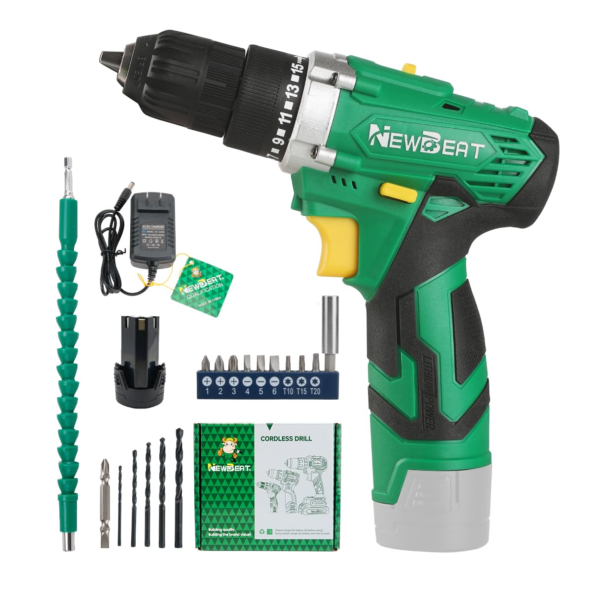 NEWBEAT Cordless Drill Set, 12V Power Drill Driver with 1 Battery and Charger, 3/8" Keyless Chuck, 2 Variable Speed, 15+1 Torque Setting Electric Drill, Drill Driver Kit for Home and DIY Project