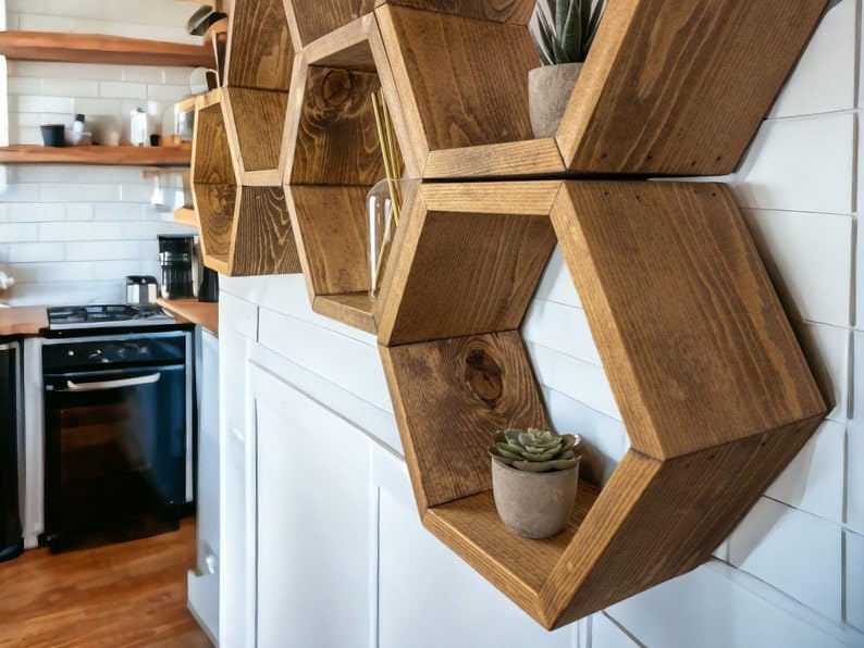 MUOSI Hexagon Shelves, Plant Shelves, Wide Hexagons Shelves, Honeycomb Shelves, Wall Decor （ Provincial I*Set of 6 Hexagons ）