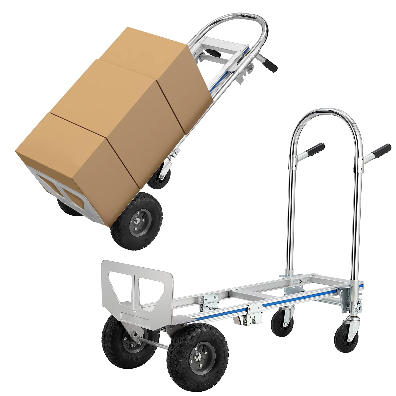 GarveeTech Convertible Hand Truck Dolly Platform Cart, Heavy Duty Industrial Collapsible Cart, Aluminum Dolly Cart with 2 Rubber Wheels & 2 Rotate Wheels for Luggage Moving Warehouse Supermarket