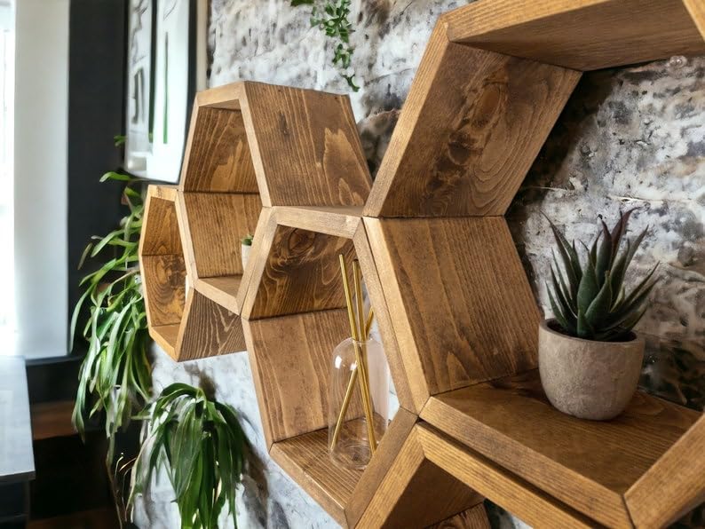 MUOSI Hexagon Shelves, Plant Shelves, Wide Hexagons Shelves, Honeycomb Shelves, Wall Decor （ Provincial I*Set of 6 Hexagons ）