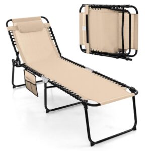 tangkula beach lounge chair for outside, folding chaise lounge outdoor with 4-position backrest, removable headrest and side pocket, portable sunbathing tanning chair for patio, poolside (1, beige)