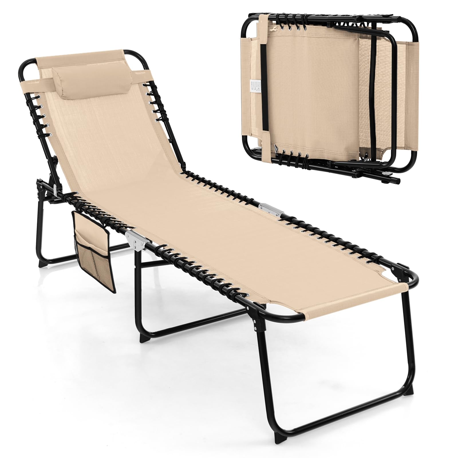 Tangkula Beach Lounge Chair for Outside, Folding Chaise Lounge Outdoor with 4-Position Backrest, Removable Headrest and Side Pocket, Portable Sunbathing Tanning Chair for Patio, Poolside (1, Beige)