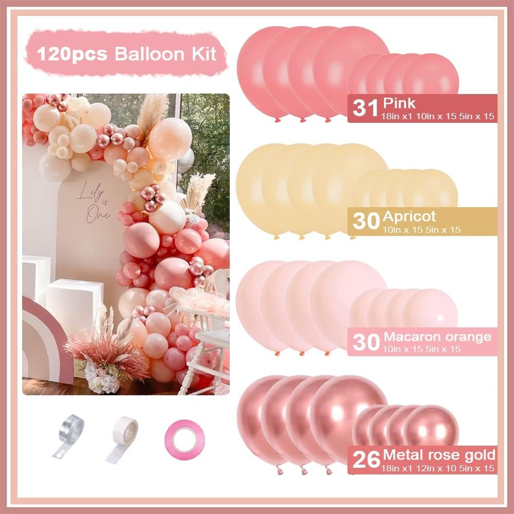 Pink Balloon Arch Kit, 120pcs Macaron Pink Balloon Garland Arch Kit, Orange Apricot and Metallic Rose Gold Balloon for Girls Boho Balloon Arch for Baby Bridal Shower, Birthday Party and Princess Theme