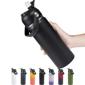 fijinhom 18oz insulated stainless steel water bottle, wide mouth double wall vacuum, silicone straw, sweat & leak proof, bpa free insulated water flask for travel, keep cold 24h hot 12h, black