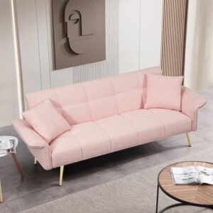 AZSJML Futon Sofa Bed, Teddy Sleeper Sofa Couch, 70" W Modern Tufted Sofa Couch with Adjustable Arms and Backrests for Living Room,Small Spaces,Bedroom,Pink