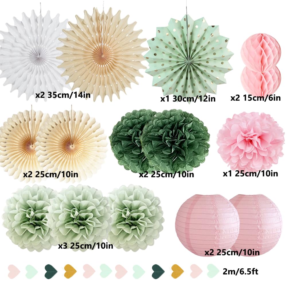 Sage Green and Pink Party Decorations Olive Sage Green Pink Paper Pom Poms Paper Fans Sage Pink Gold Love Heart Garland for Women Girls Sage Pink Birthday Baby Shower Wedding Bridal Shower Party Decor