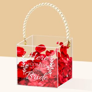 pahdecor clear flower girl baskets for wedding acrylic flower basket with pearl handle wedding baskets for flower girls - here comes the bride